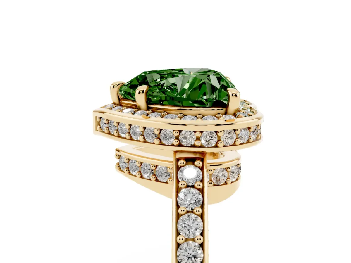 Fancy Green Heart Cut Halo Pave Band Solitaire Ring with Prong Setting Yellow gold