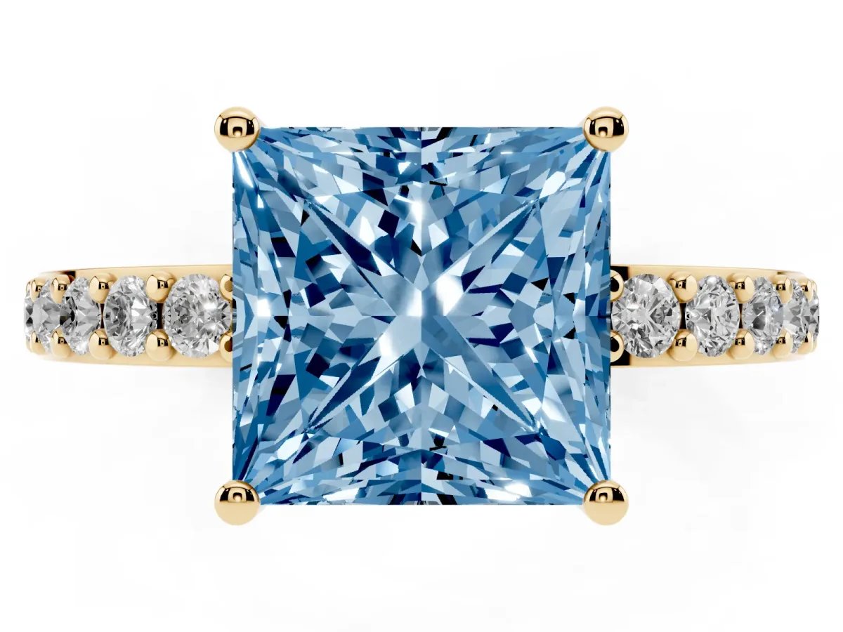 Fancy Blue Princess Cut Cut Diamond Solitaire with Pave Band and Four-Prong Setting Yellow gold
