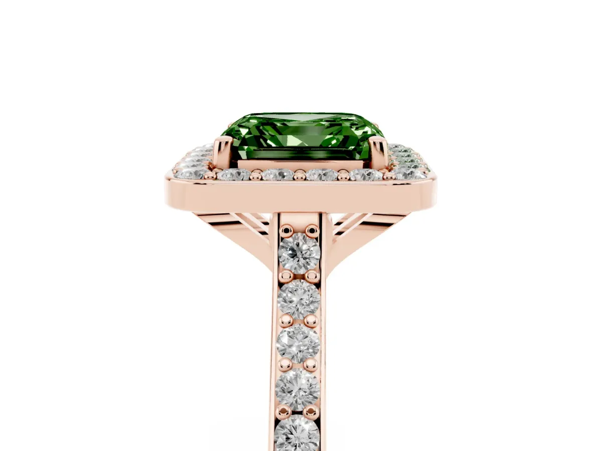 Fancy Green Asscher Cut Diamond Halo Engagement Ring with Round Pavé Shoulders and Prong Setting Rose gold