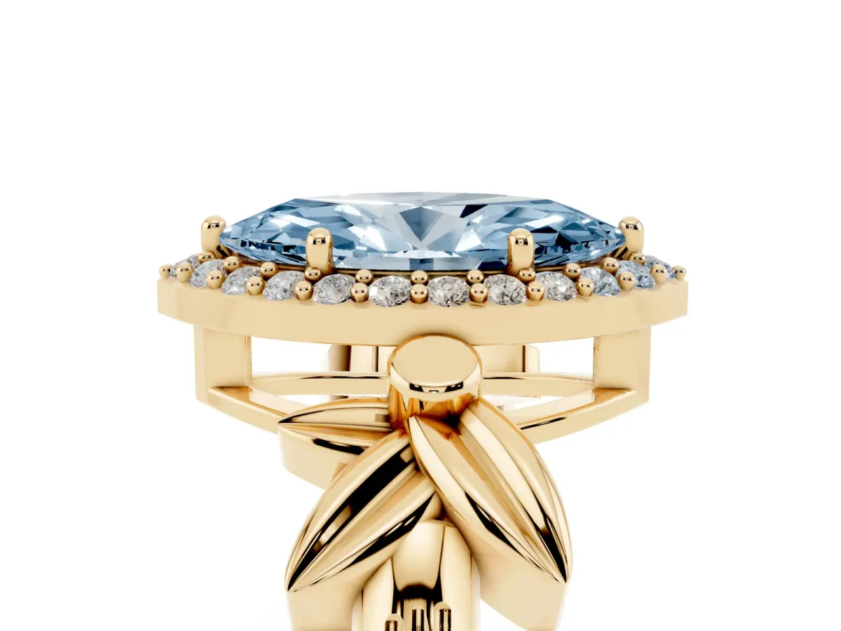 Fancy Blue Marquise Cut Halo Diamond Floral Band with Four-Prong Setting Yellow gold