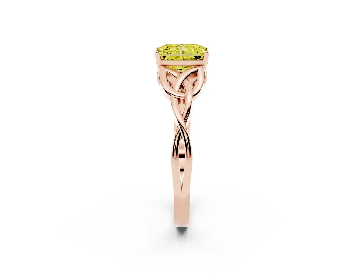 Fancy Yellow Radiant Cut Diamond Solitaire Engagement Ring with Celtic Knot Band and Four-Prong Setting Rose gold