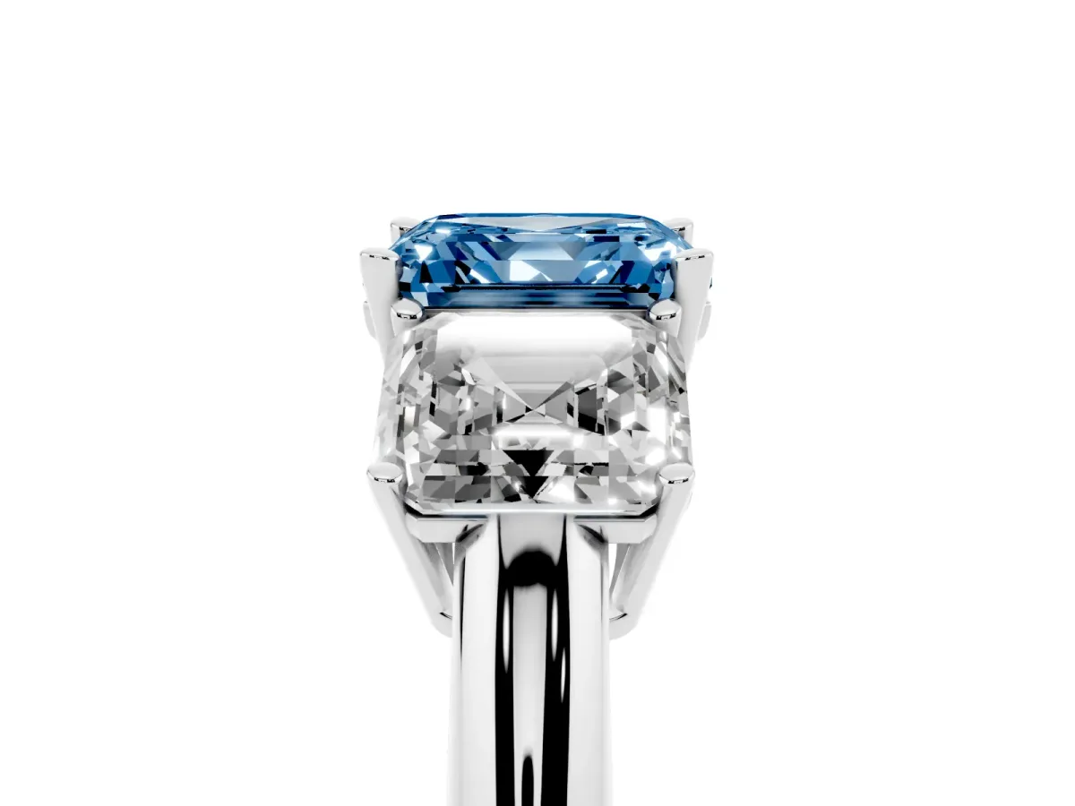 Fancy Blue Three-Stone Asscher Cut Cut Diamond Engagement Ring with Prong Setting on a White Gold Band White gold