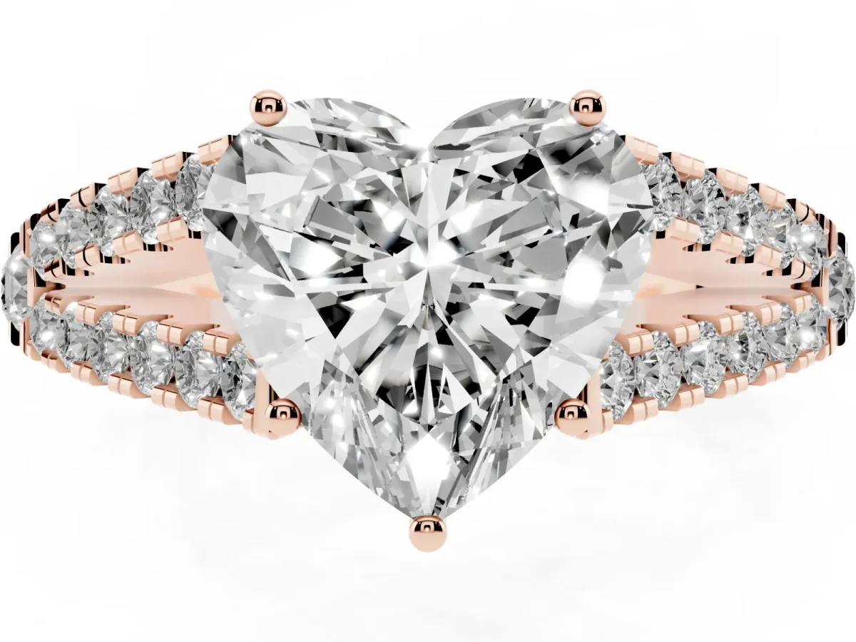 Heart Cut Diamond Split Shank Pavé Engagement Ring with Four-Prong Setting Rose gold