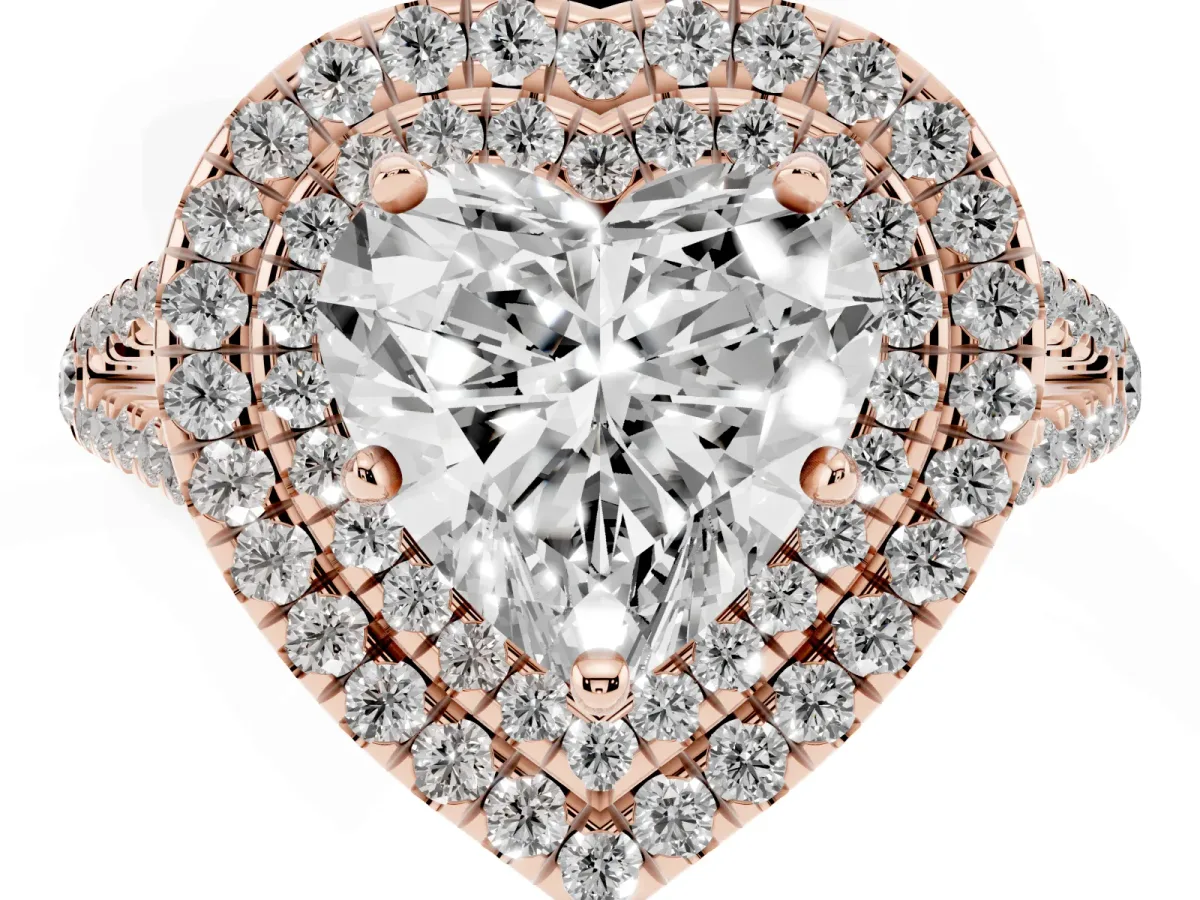 Heart Cut Diamond Double Halo Ring with Pavé Band and Prong Setting Rose gold