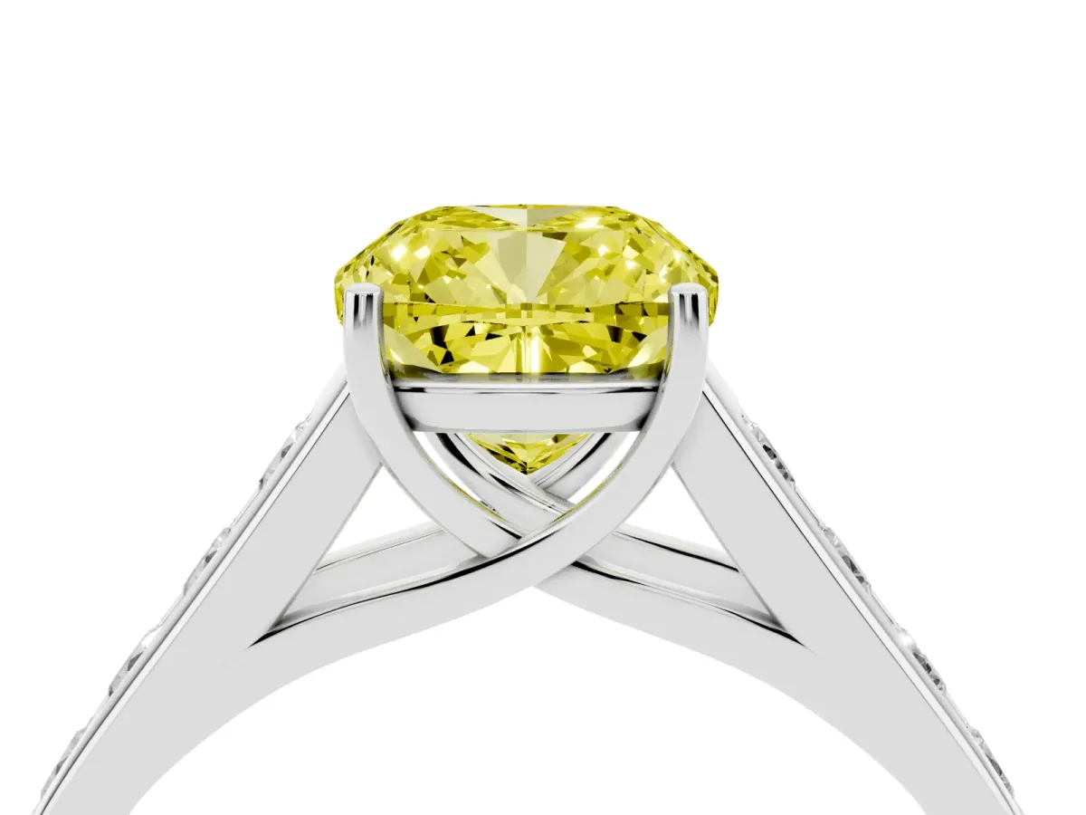 Fancy Yellow Cushion Cut Solitaire Channel-Set Diamond Engagement Ring with Four-Prong Setting Silver