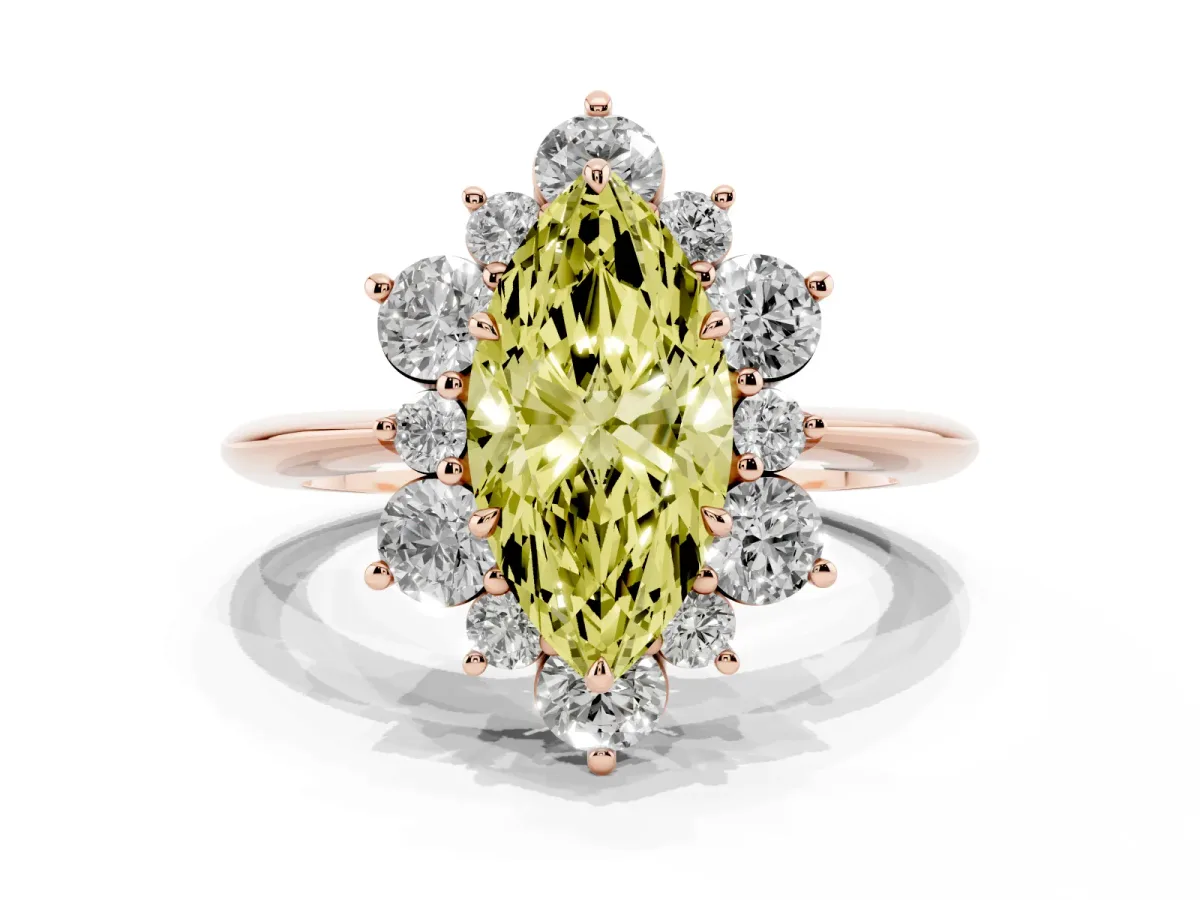 Fancy Yellow Marquise Cut Diamond Cluster Halo Ring with Solitaire Band and Four-Prong Setting Rose gold
