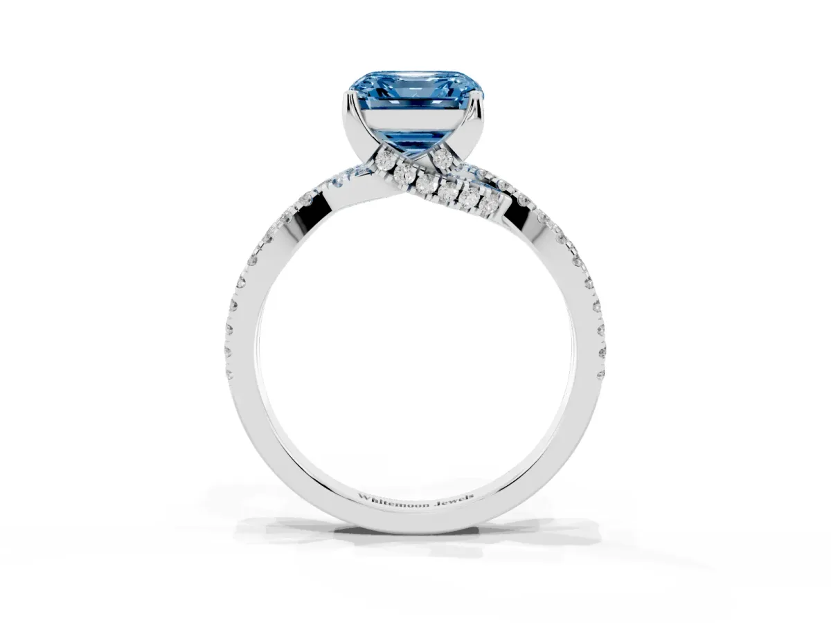 Fancy Blue Asscher Cut Solitaire Twist Pave Diamond Engagement Ring with Prong Setting Platinum