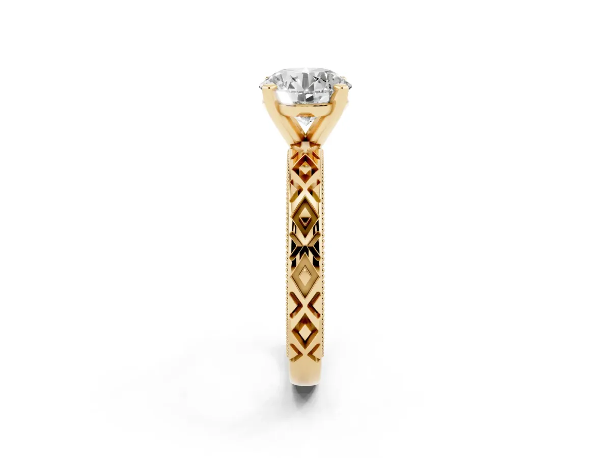 Round Cut Solitaire Diamond Ring with Milgrain and Black Enamel X Pattern Band Yellow gold