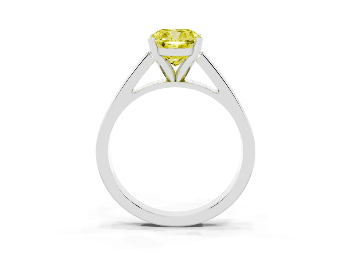 Fancy Yellow Cushion Cut Solitaire Engagement Ring with Four-Prong Setting and Tapered Band White gold