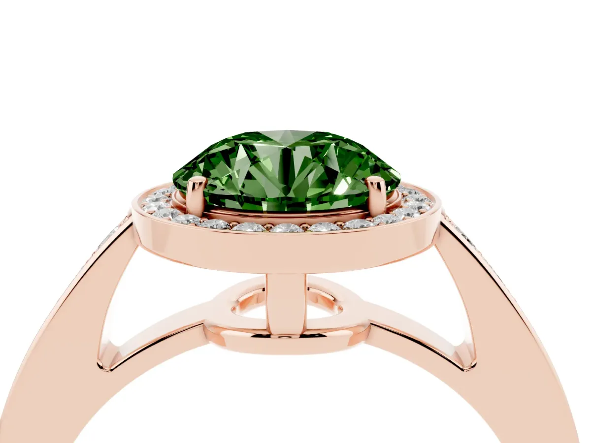 Fancy Green Round Cut Halo Pavé Diamond Engagement Ring with Bezel Setting Rose gold