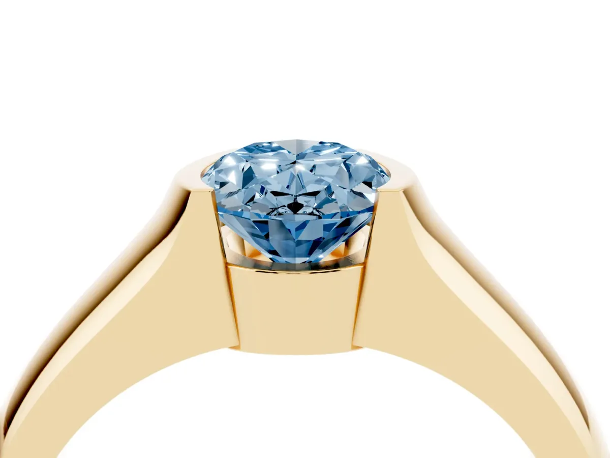 Fancy Blue Oval Cut Solitaire Bezel Set Diamond Ring with Wide Band Yellow gold