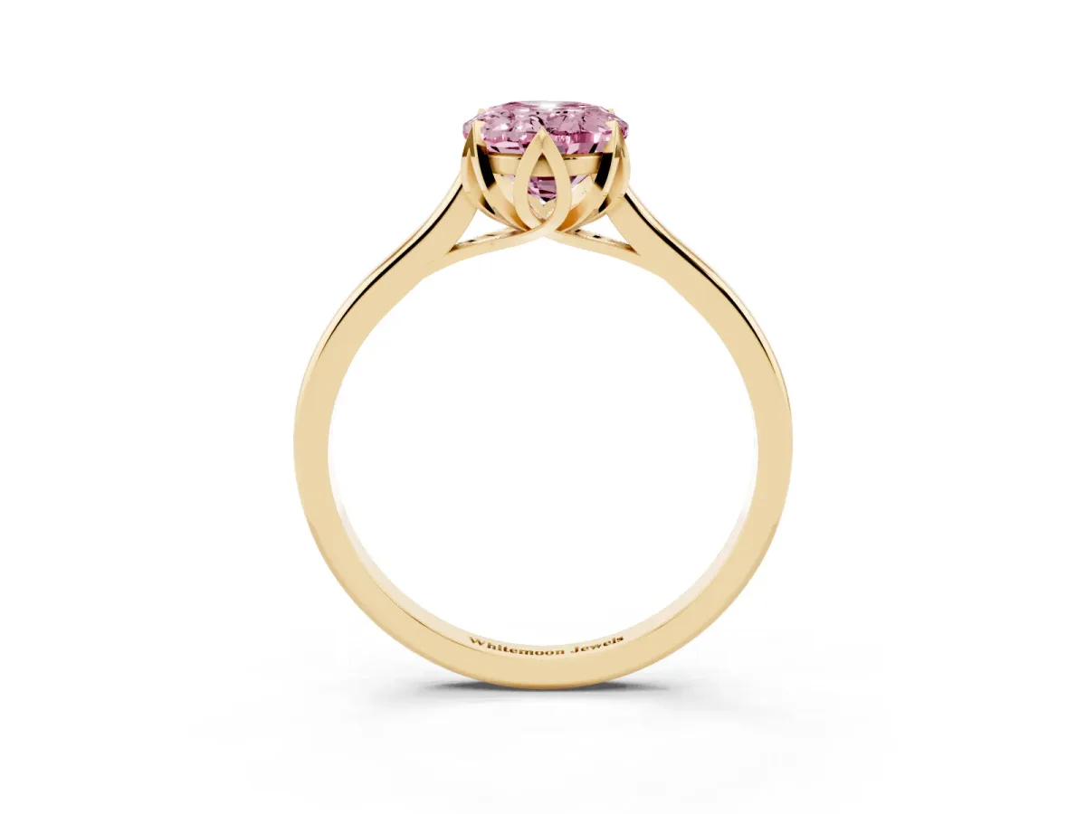 Fancy Pink Oval Cut Diamond Solitaire Ring with Flower Prong Setting and Classic Band Yellow gold