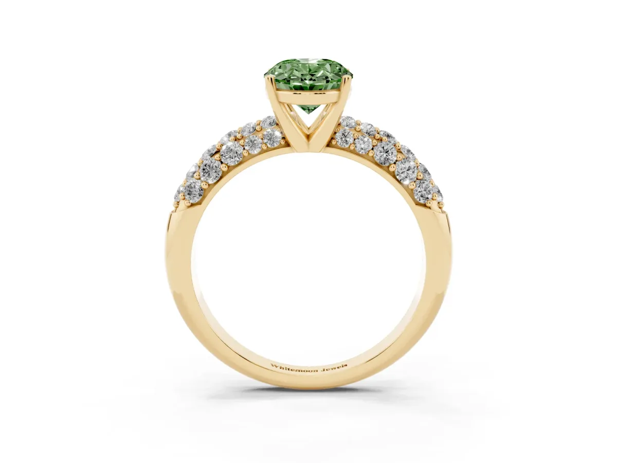Fancy Green Oval Cut Diamond Pavé Band Solitaire Ring with Four-Prong Setting Yellow gold