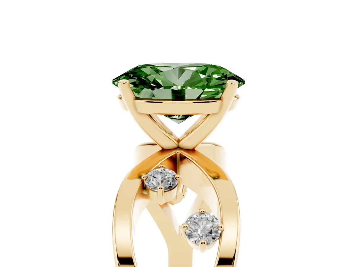 Fancy Green Oval Cut Cut Solitaire Diamond with Side Stones on Criss-Cross Band and Four-Prong Setting Yellow gold
