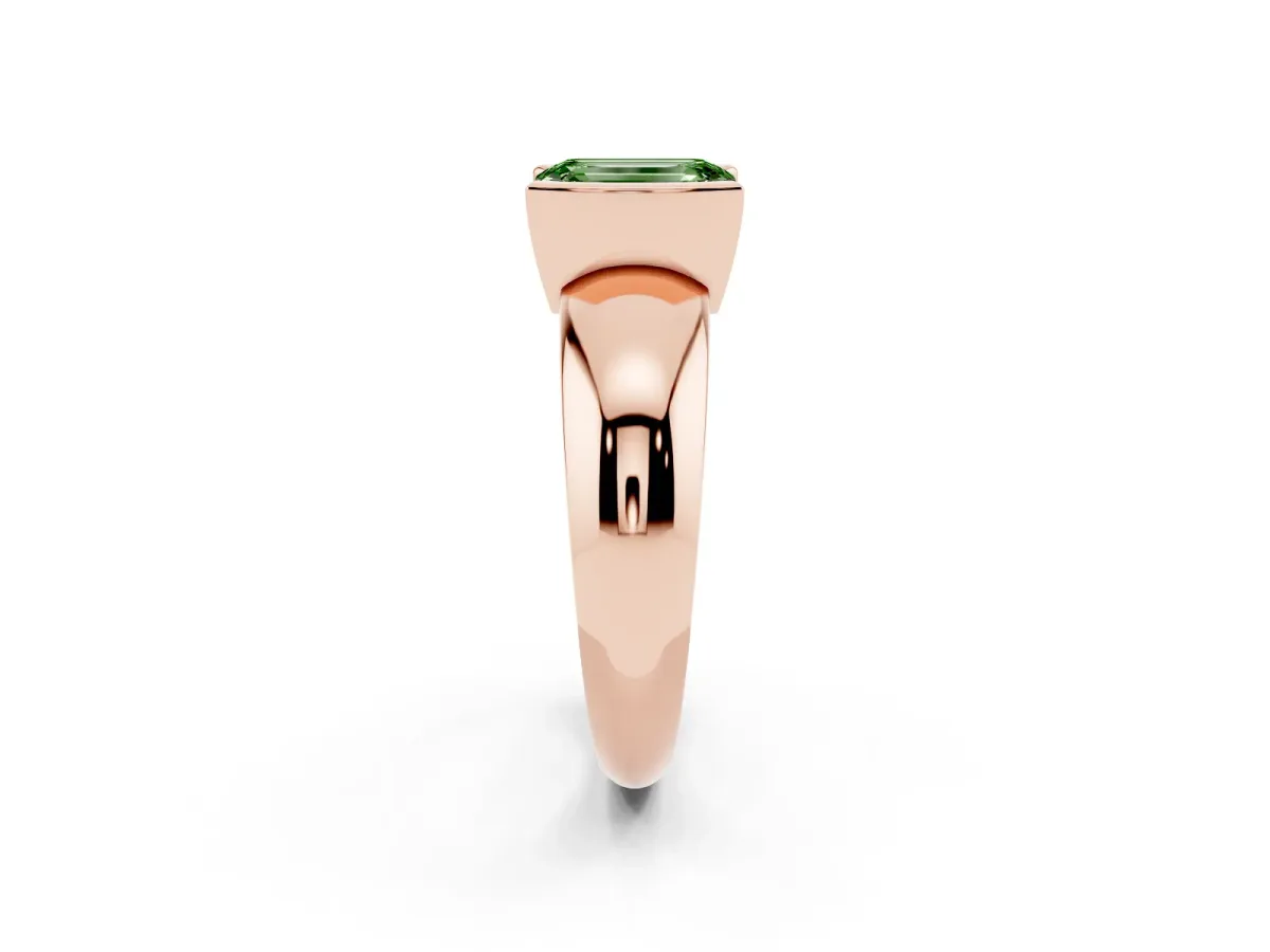 Fancy Green Emerald Cut Solitaire Tension Set Diamond Ring with Wide Band Rose gold