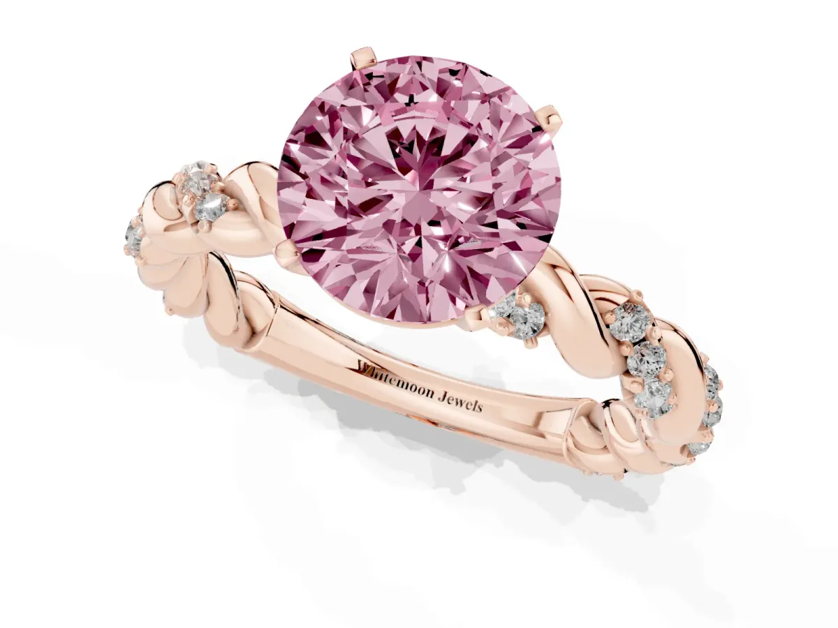 Fancy Pink Round Cut Diamond Solitaire Ring with Twisted Band and Pavé Accents Rose gold