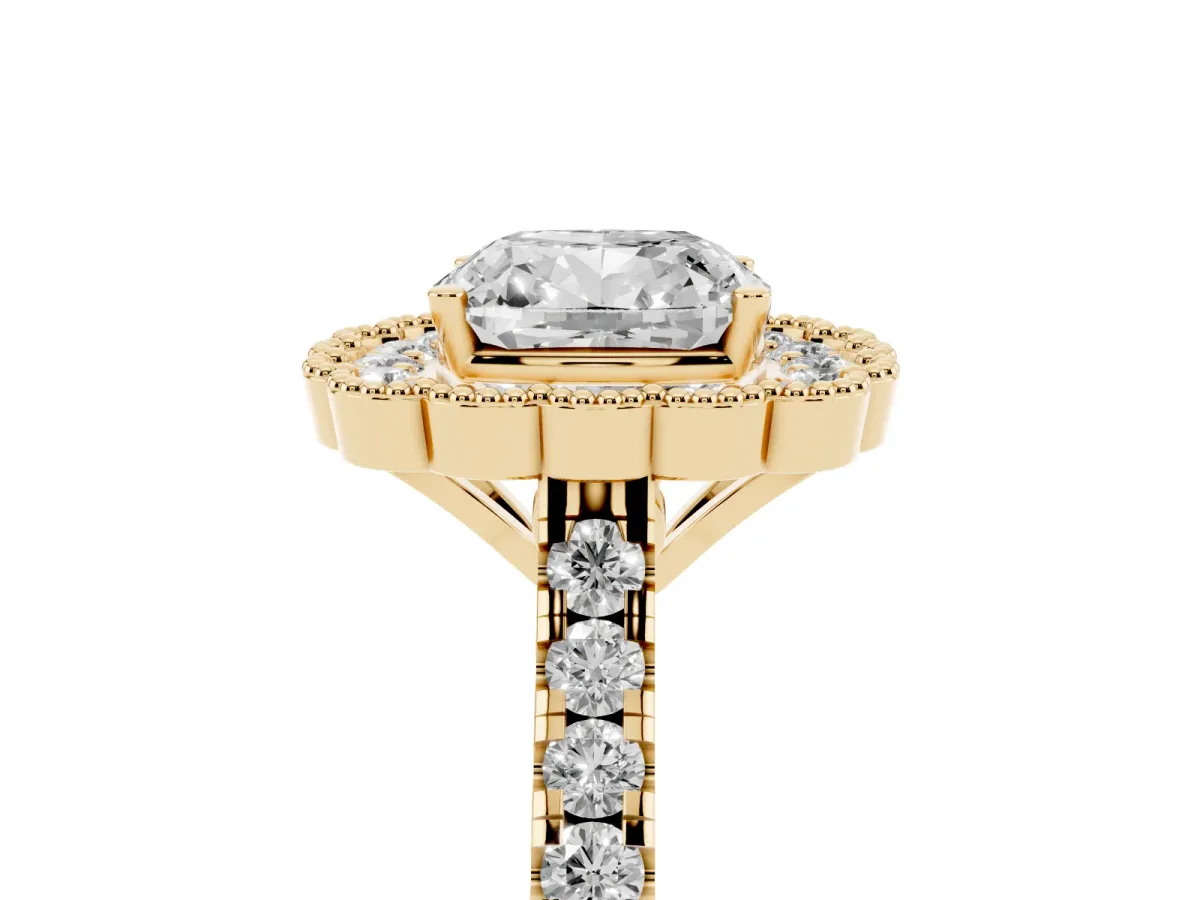 Cushion Cut Cut Diamond Milgrain Floral Halo Engagement Ring with Pavé Band Yellow gold