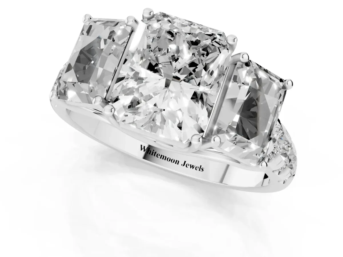 Three-Stone Radiant Cut Diamond Pavé Band with Prong Setting White gold