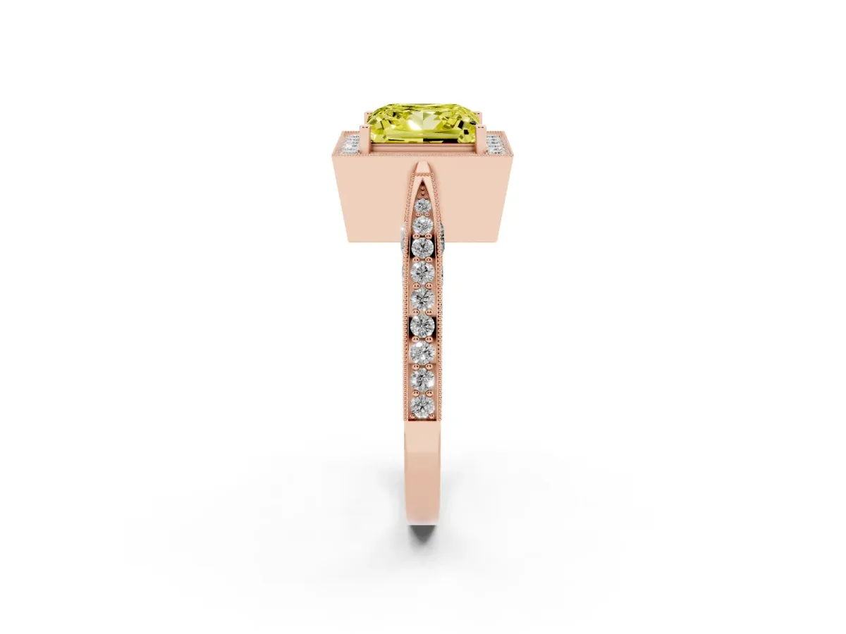 Fancy Yellow Princess Cut Halo Diamond Engagement Ring with Split Shank Band and Four-Prong Setting Rose gold