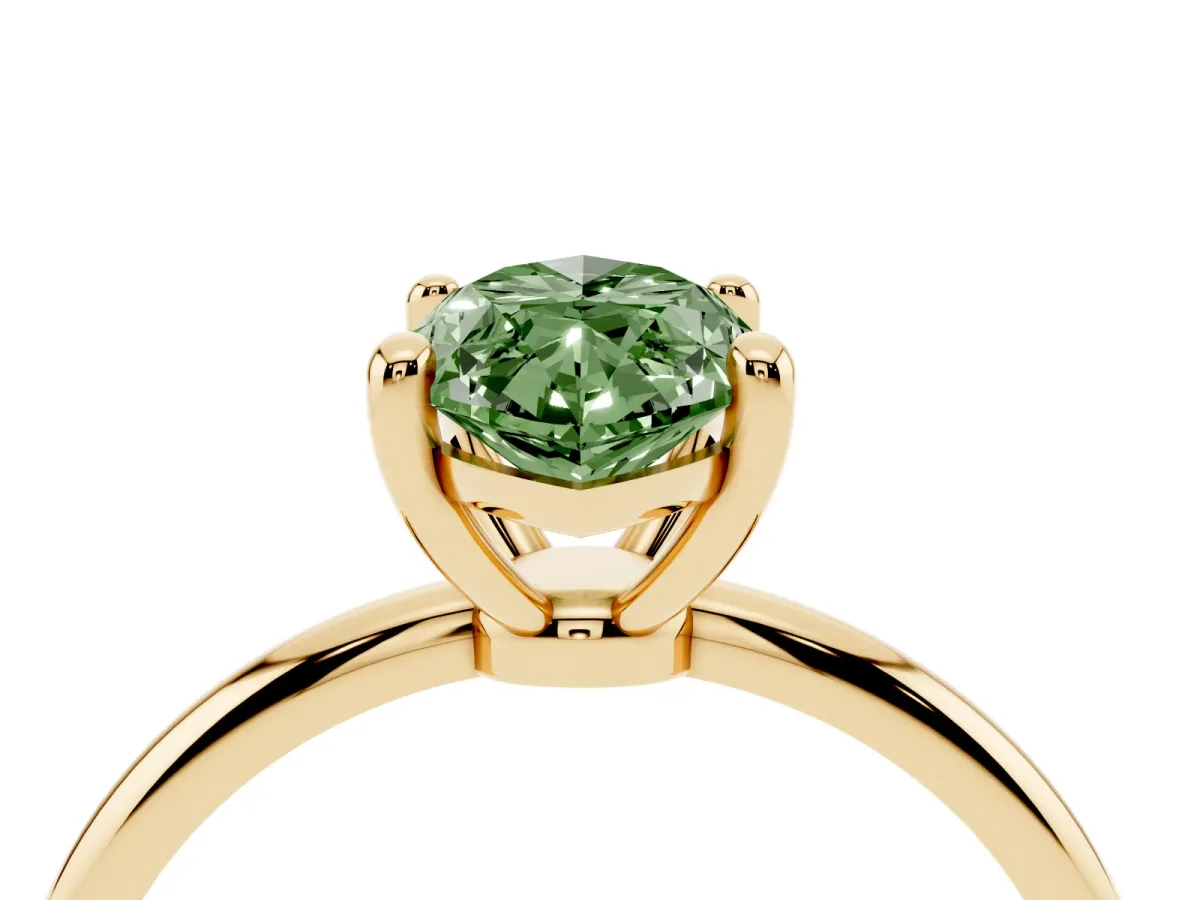 Fancy Green Marquise Cut Solitaire Diamond Ring with 4-Prong Setting on a Classic Band Yellow gold