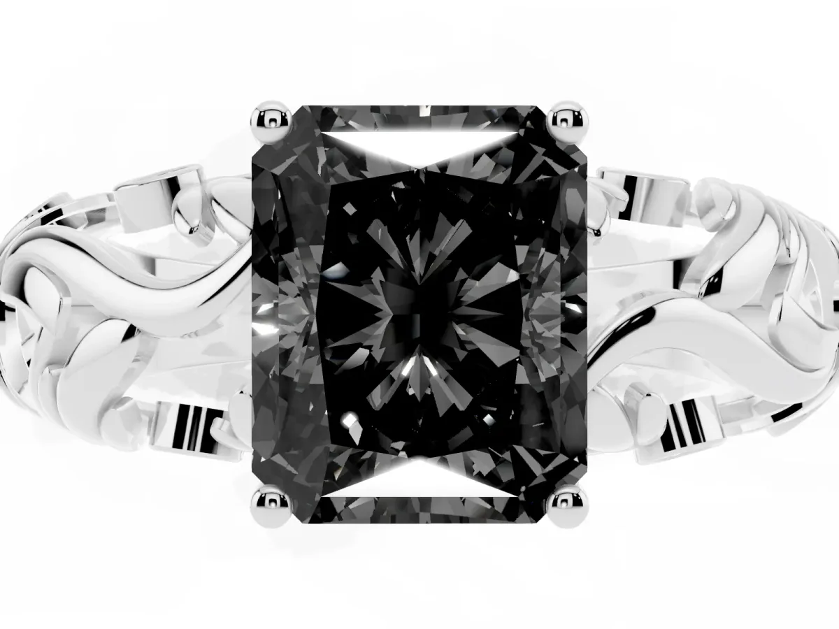 Fancy Black Radiant Cut Solitaire Diamond Leaf-Inspired Vine Band Ring with Prong Setting Platinum
