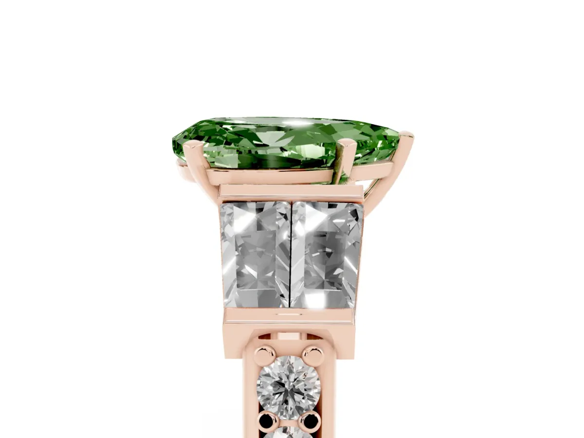 Fancy Green Pear Cut Diamond Engagement Ring with Baguette Side Stones and Channel Set Band Rose gold