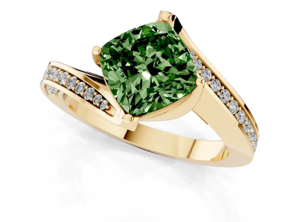 Fancy Green Cushion Cut Solitaire Diamond Twist Band with Pavé Setting and Four-Prong Setting Yellow gold