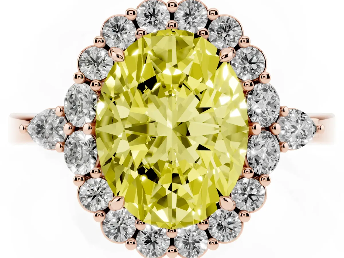 Fancy Yellow Oval Cut Diamond Halo Ring with Pear Side Stones and Prong Setting Rose gold