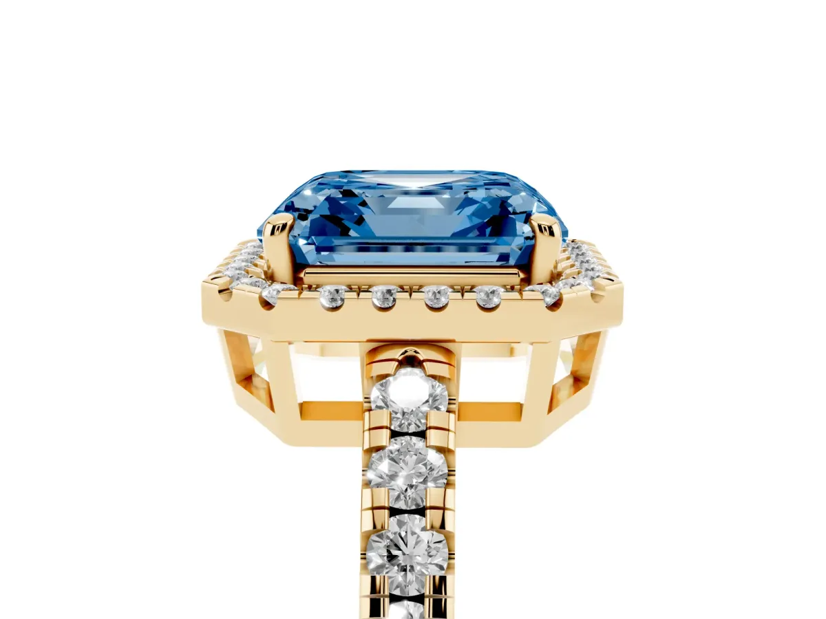 Fancy Blue Asscher Cut Diamond Halo Ring with Pavé Band and Four-Prong Setting Yellow gold