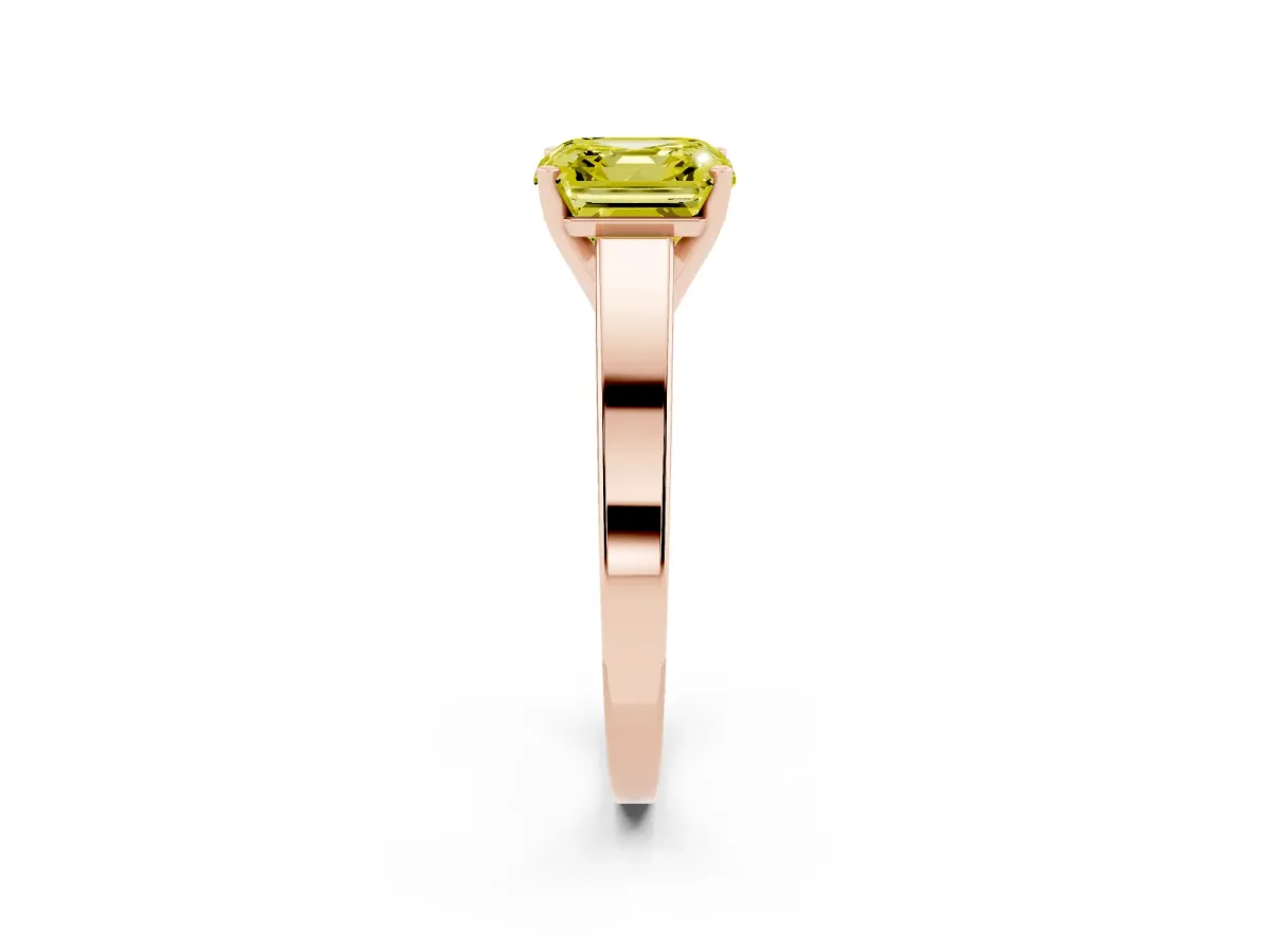 Fancy Yellow Asscher Cut Solitaire Engagement Ring with Four-Prong Setting and Tapered Band Rose gold