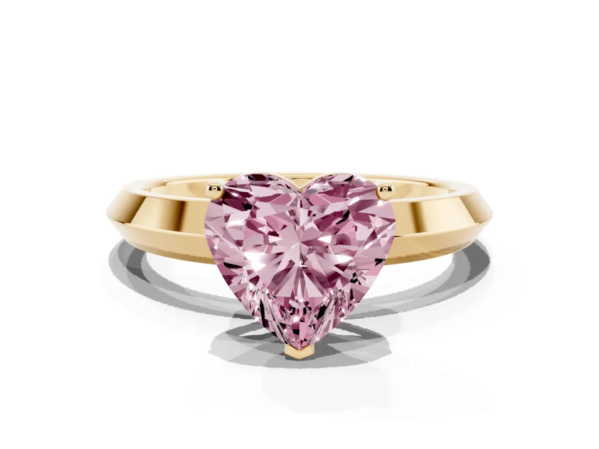 Fancy Pink Heart Cut Cut Solitaire Engagement Ring with Flat Band and Four-Prong Setting Yellow gold