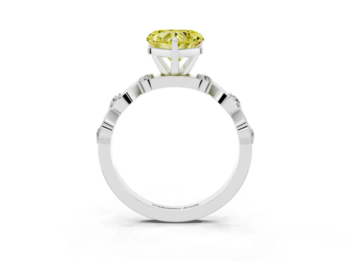 Fancy Yellow Heart Cut Diamond Solitaire Twisted Band with Round Accents and Prong Setting White gold