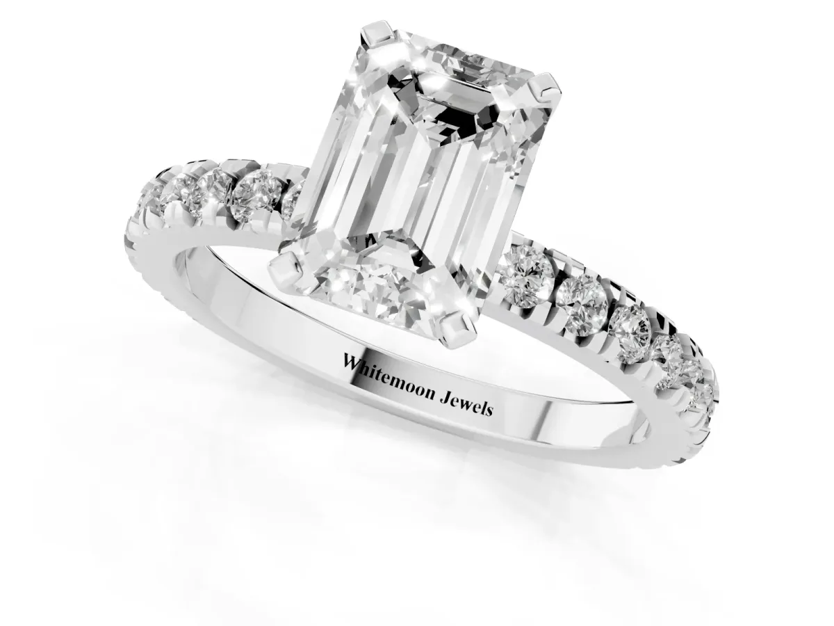 Emerald Cut Diamond Pavé Band Solitaire with Four-Prong Setting Silver
