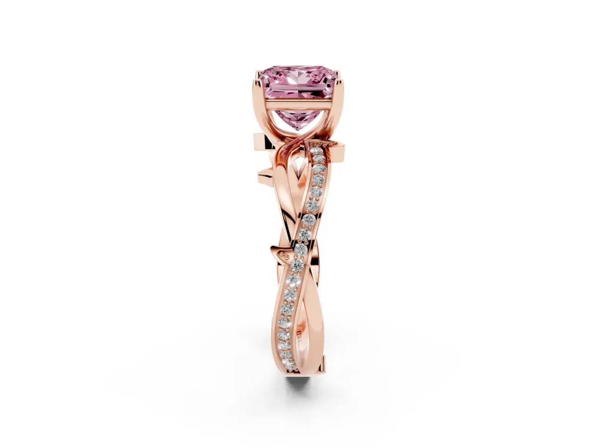 Fancy Pink Princess Cut Solitaire Twist Band with Pavé Accents and Four-Prong Setting Rose gold
