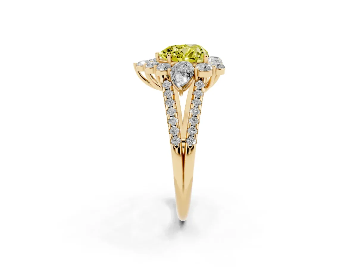 Fancy Yellow Heart Cut Halo Split Shank Diamond Engagement Ring with Prong Setting Yellow gold