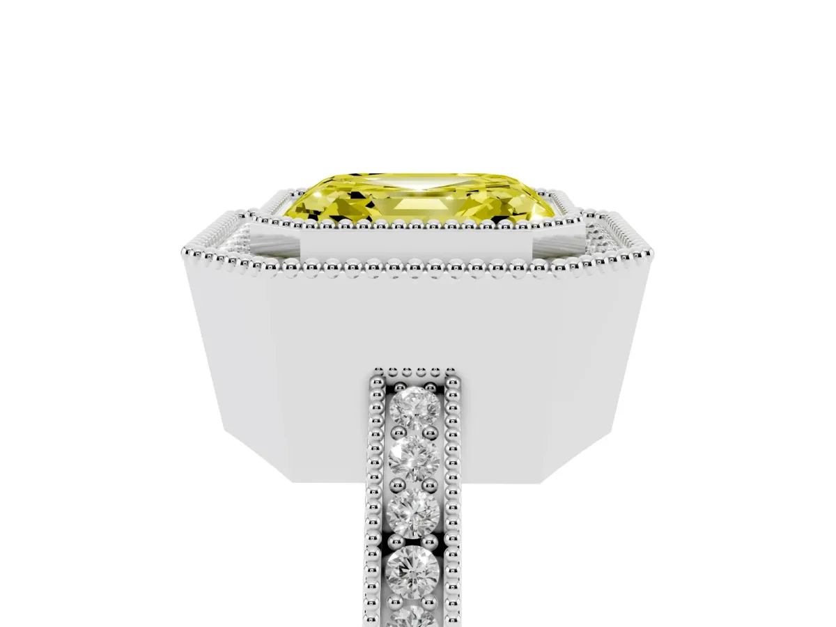 Fancy Yellow Asscher Cut Cut Halo Diamond Ring with Pavé Band and Milgrain Prong Setting Silver