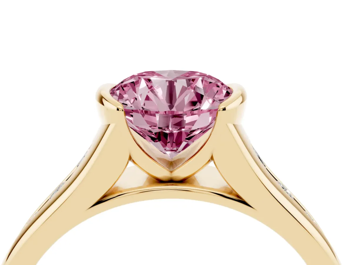 Fancy Pink Round Cut Solitaire Bezel-Set Diamond Ring with Channel-Set Band Yellow gold