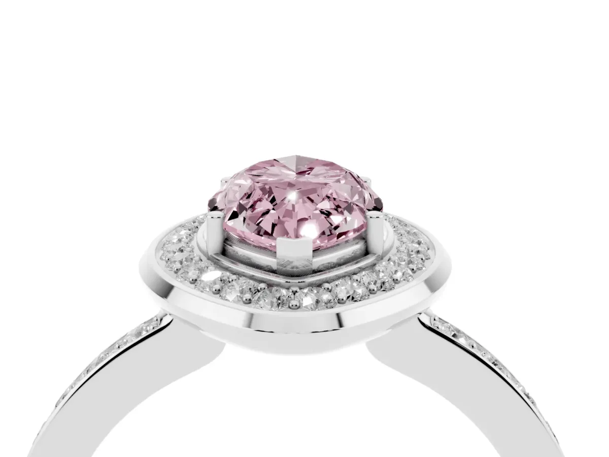 Fancy Pink Marquise Cut Diamond Halo Ring with Bezel Frame and Pavé Band White gold