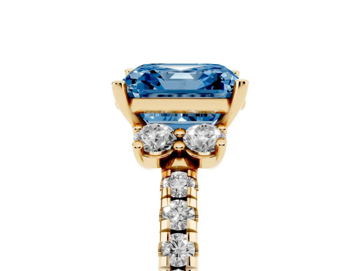 Fancy Blue Asscher Cut Diamond Three-Stone Pave Band with Four-Prong Setting Yellow gold