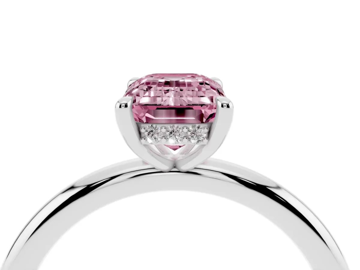 Fancy Pink Emerald Cut Diamond Solitaire Ring with Thin Band and Four-Prong Setting Platinum