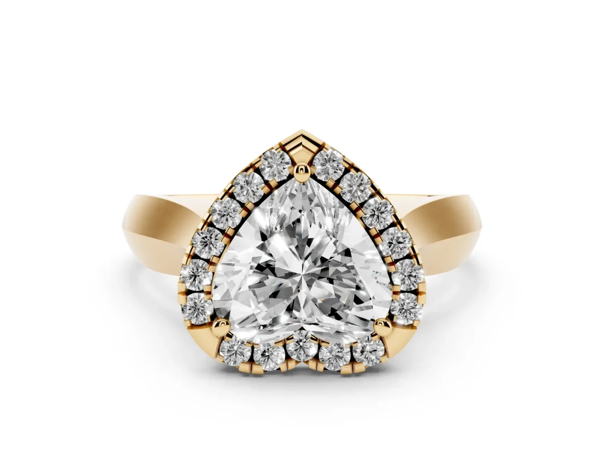 Heart Cut Cut Halo Solitaire Engagement Ring with Square Band and Four-Prong Setting Yellow gold