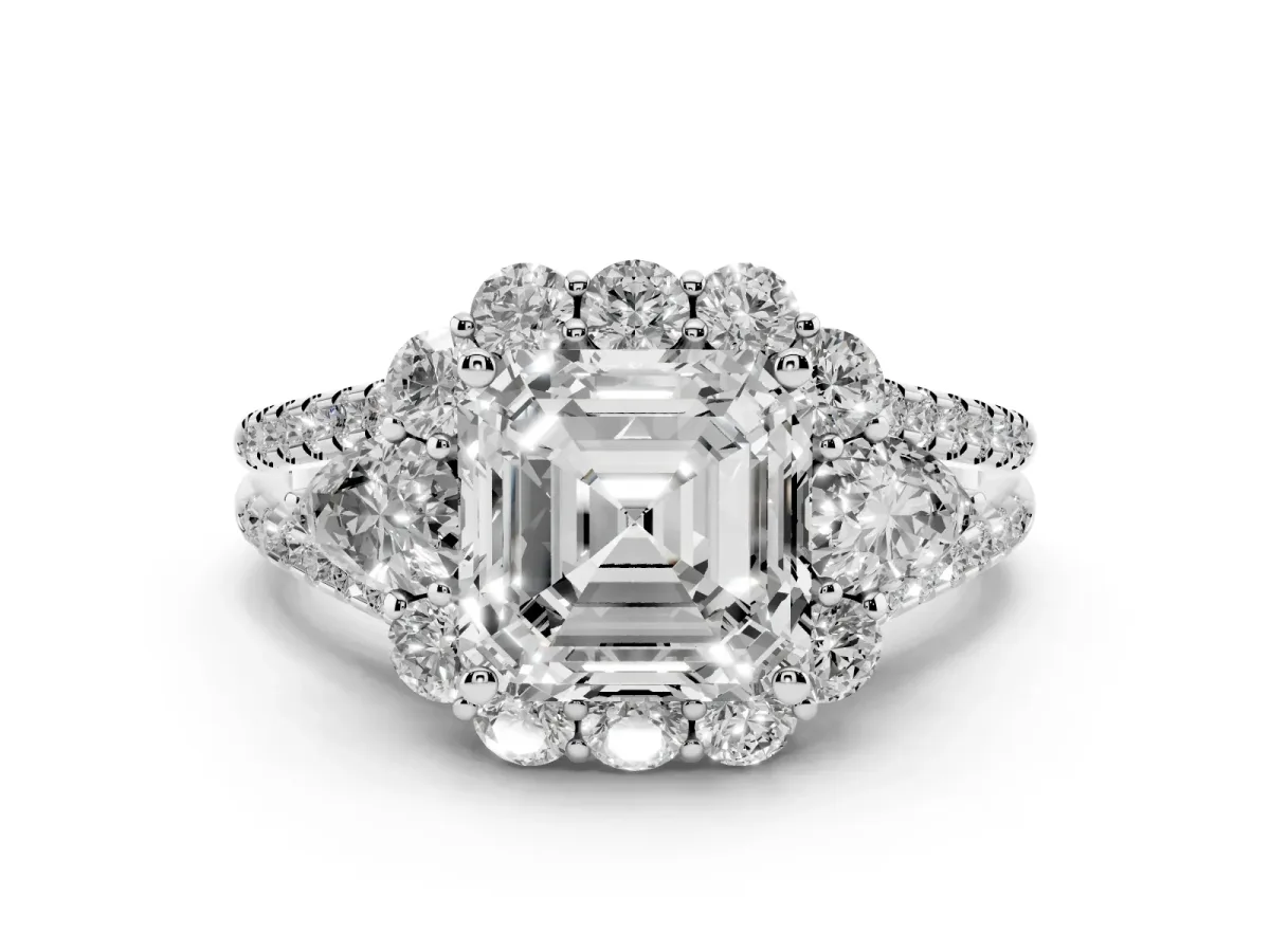 Asscher Cut Halo Split Shank Diamond Engagement Ring with Prong Setting Platinum