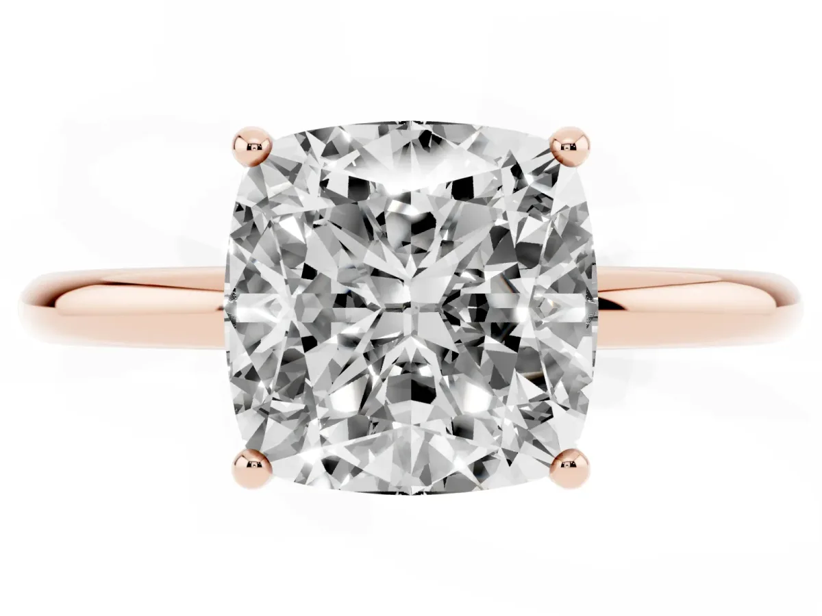 Cushion Cut Solitaire Diamond Ring with a Classic Band and Four-Prong Setting Rose gold