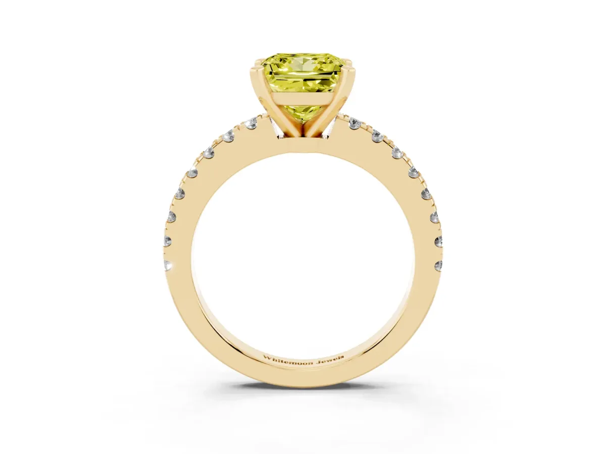 Fancy Yellow Princess Cut Solitaire Diamond with Pavé Band and Four-Prong Setting Yellow gold