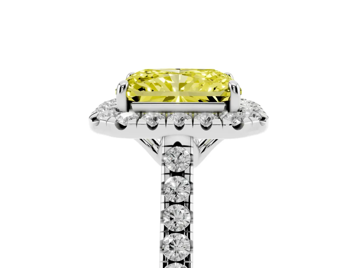 Fancy Yellow Radiant Cut Halo Pavé Diamond Engagement Ring with Four-Prong Setting Silver