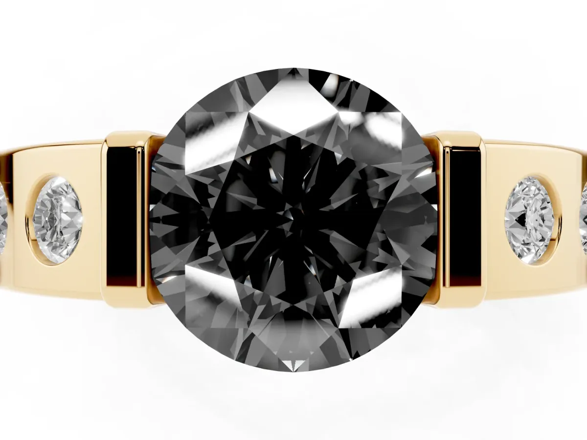 Fancy Black Round Cut Brilliant Channel-Set Diamond Ring with Bezel Prong Setting Yellow gold