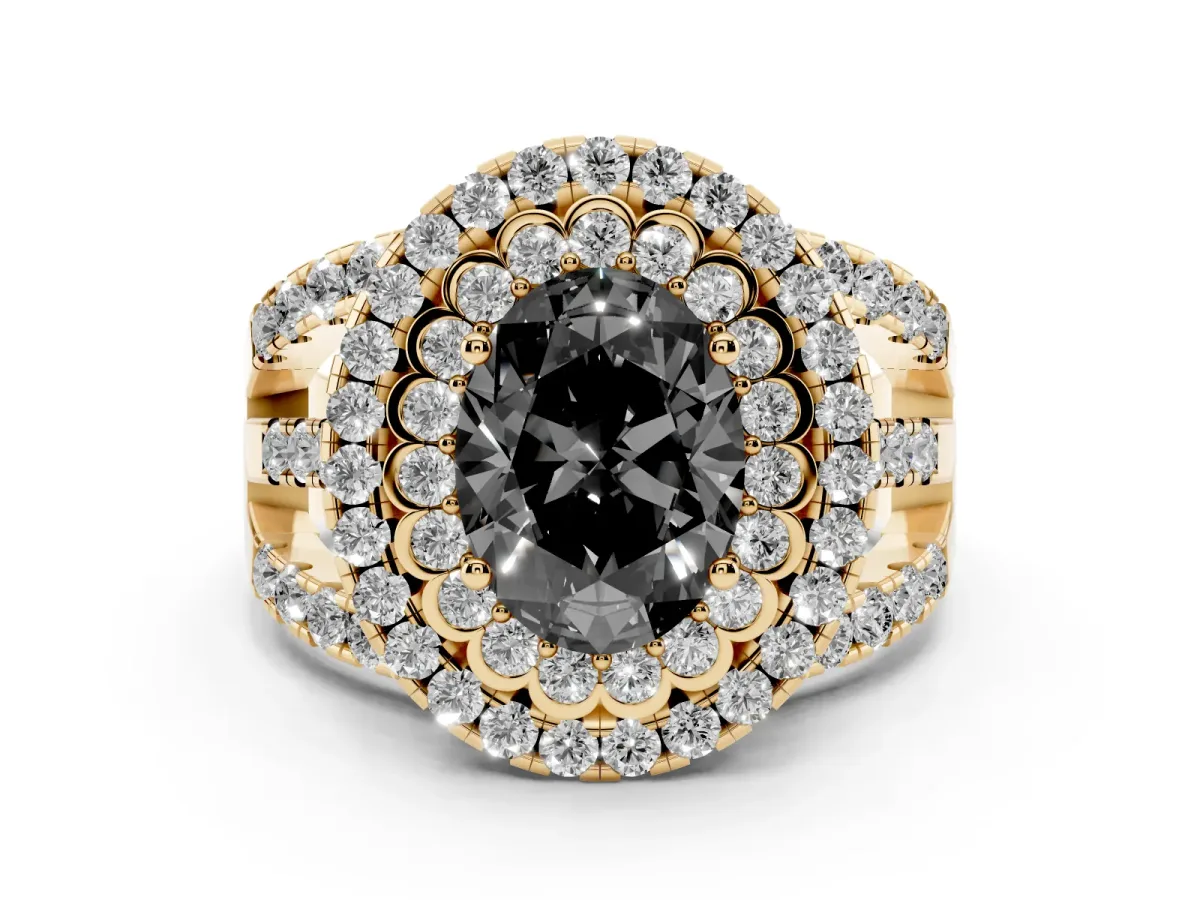 Fancy Black Oval Cut Diamond Double Halo Ring with Round Pavé Split Shank and Prong Setting Yellow gold