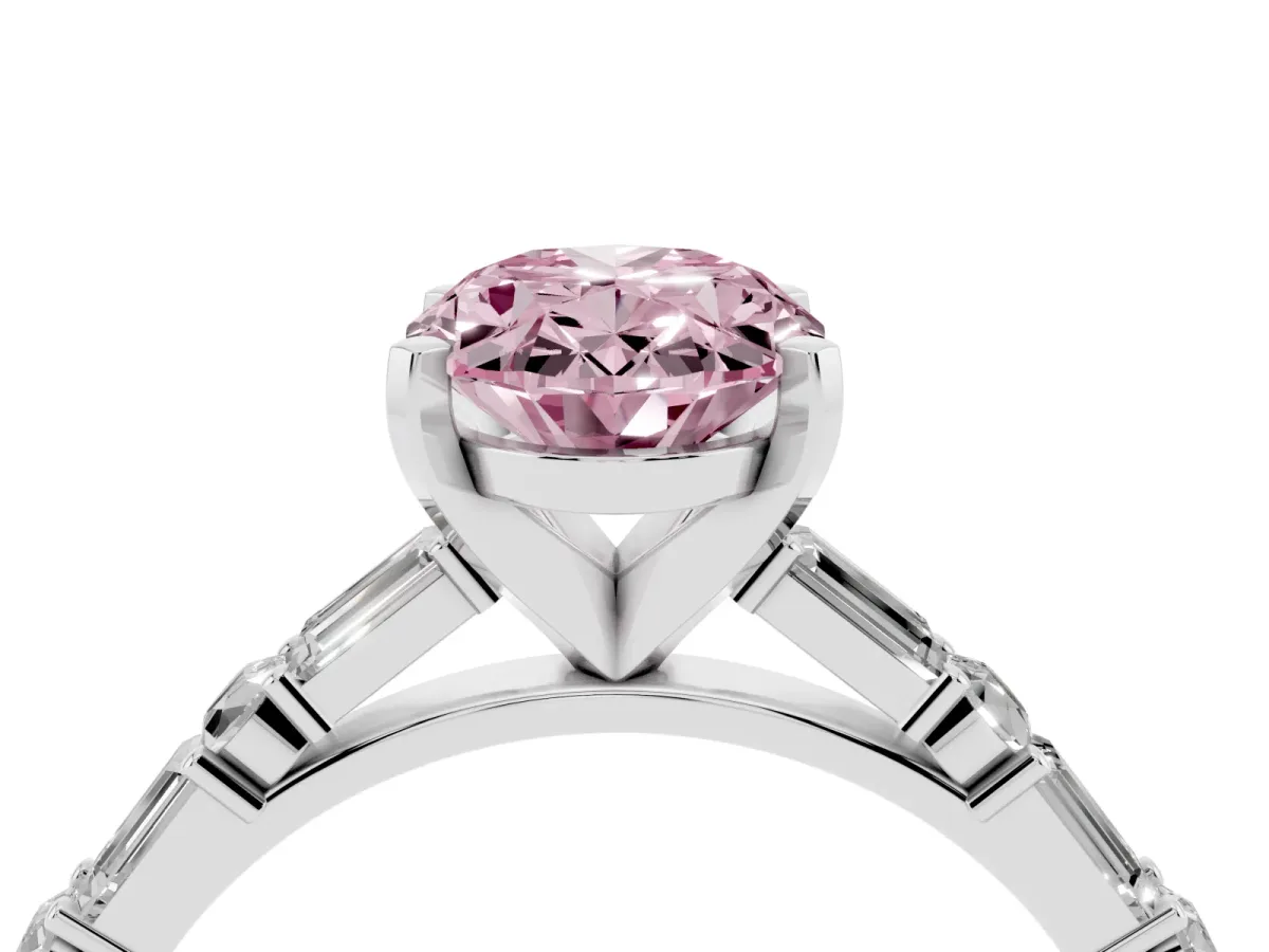 Fancy Pink Oval Cut Diamond Solitaire with Side Baguettes and Channel Set Band Platinum