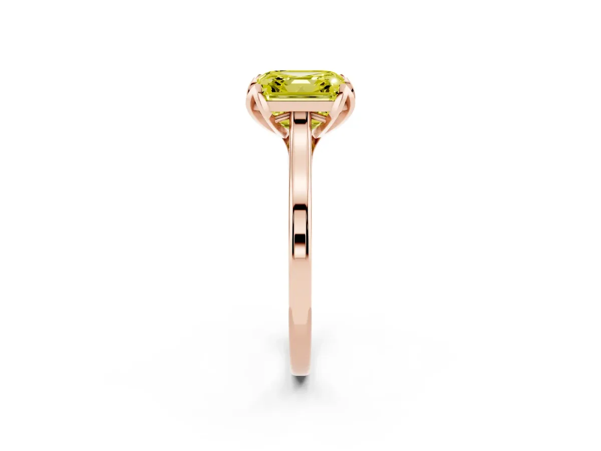 Fancy Yellow Asscher Cut Diamond Solitaire Ring with Flower Prong Setting and Classic Band Rose gold