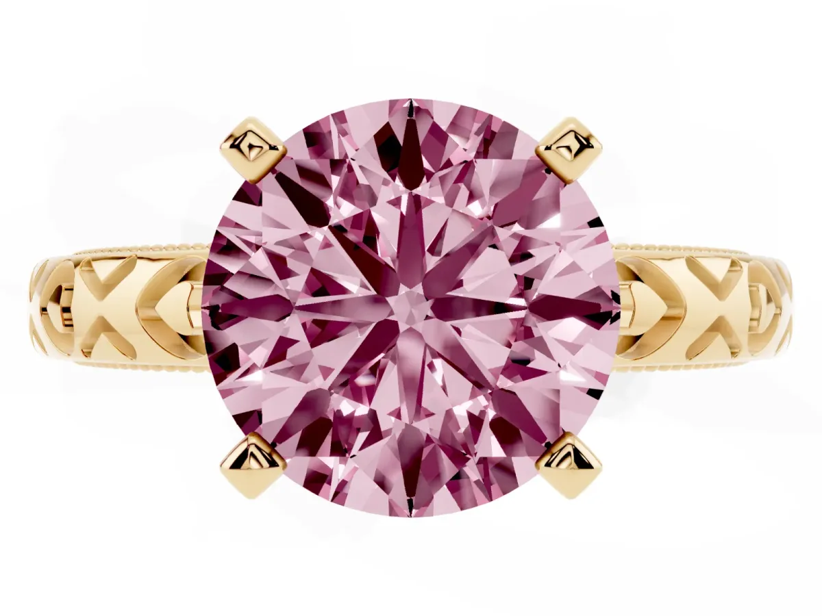 Fancy Pink Round Cut Solitaire Diamond Engagement Ring with XO Engraved Band and Four-Prong Setting Yellow gold